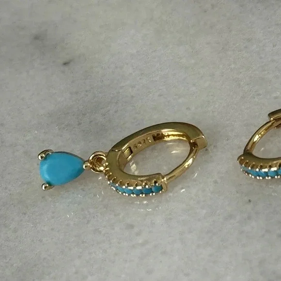 Gold Turquoise Tear Drop Crystal Huggie Hoop Earrings - Picture 2 of 5